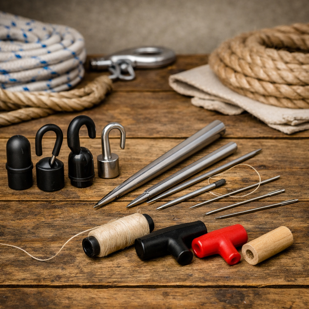 Cutting, measuring and finishing tools for rope and cordage work