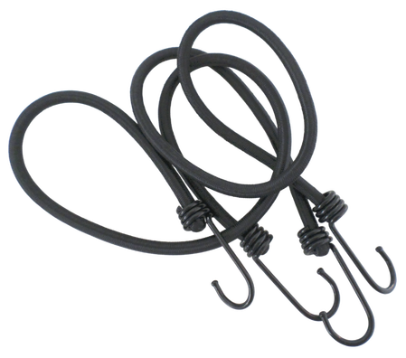 High-strength elasticated cord with metal hooks, made from latex rubber and durable polyester braid. Ideal for securing loads, travel luggage, cycling gear, and general-purpose tie-downs.