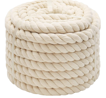 A soft, off-white cotton rope with a 3-strand twisted construction, ideal for macramé, upholstery, and handicrafts. Made from natural cotton fibers, this rope is easy to dye, knots well, and provides a firm grip. Commonly used in garment accessories, load securing, and decorative applications.