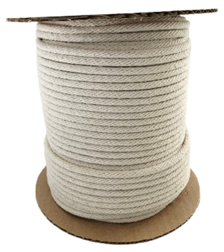 Firm round braid made from natural cotton yarn with a spiral appearance and solid construction - ideal for upholstery, handicrafts, camping, and load securing.
