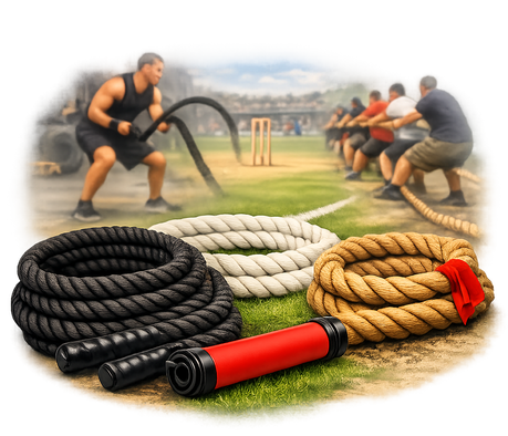 Selection of high‑performance ropes for gyms, sports fields, and competitive events, including battle ropes, cricket boundary ropes, and Tug O War ropes.