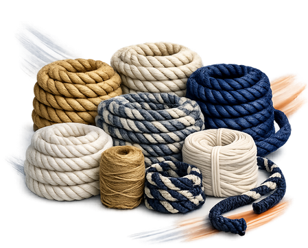 Symmetrical bundle of manila, sisal, cotton, jute, and navy braided ropes arranged in motion on a transparent background, representing Xtreme Gifts’ full rope and twine range for industrial, marine, and craft use