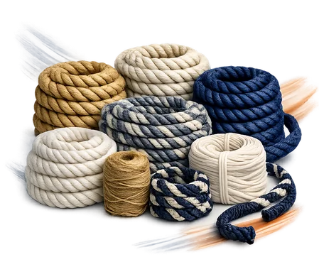 Symmetrical bundle of manila, sisal, cotton, jute, and navy braided ropes arranged in motion on a transparent background, representing Xtreme Gifts’ full rope and twine range for industrial, marine, and craft use
