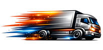 Sleek metallic delivery truck with fiery orange and electric blue motion trails representing speed and reliability