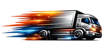 Sleek metallic delivery truck with fiery orange and electric blue motion trails representing speed and reliability