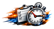 Metallic stopwatch and checklist symbolising fast, accurate order preparation with dynamic orange and blue motion streaks
