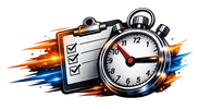 Metallic stopwatch and checklist symbolising fast, accurate order preparation with dynamic orange and blue motion streaks