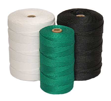 Firm round braided cord made from 100% high-density polyethylene monofilament yarn. Commonly used for lacing shadecloth systems, netting, and general-purpose applications requiring abrasion-resistant synthetic twine.