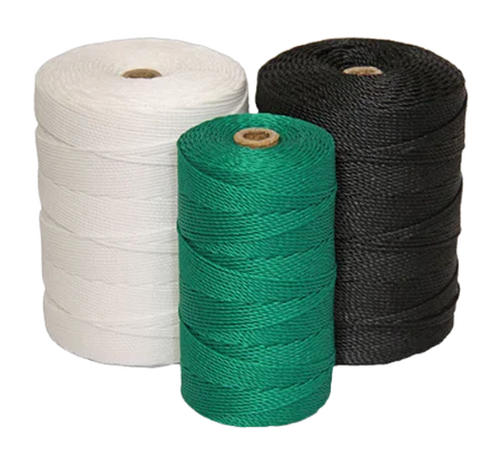 Firm round braided cord made from 100% high-density polyethylene monofilament yarn. Commonly used for lacing shadecloth systems, netting, and general-purpose applications requiring abrasion-resistant synthetic twine.