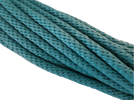 Firm round braid made from high-quality polypropylene multifilament yarn with a silky texture and spiral appearance - popular for jewellery design, indoor furniture, dog leads, and decorative applications. Available in teal and other colours.
