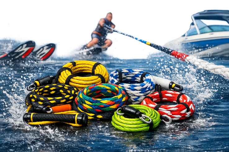 Polyethylene ski rope used for towing and general outdoor applications, showing floating performance