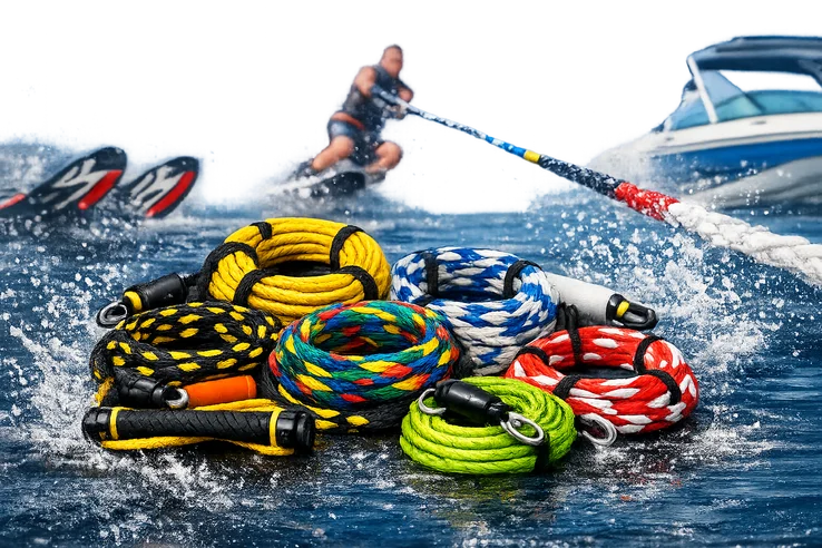 A brightly colored ski rope made from 100% polyethylene, featuring an 8-braid synthetic construction that floats on water. Commonly used for water skiing, boating, cargo netting, and general-purpose tying. Lightweight, durable, and ideal for both recreational and utility applications.