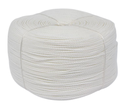 A white twisted polyethylene washline rope designed for hanging laundry indoors and outdoors. Made from 100% polyethylene, this rope offers minimal sag, weather resistance, and durability. Commonly used by washline manufacturers and available in retail packs for household use.